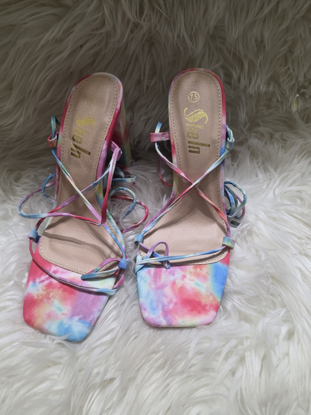 Satin Tie-Dye Strappy Block Heel Sandals - Multicolor by Shun